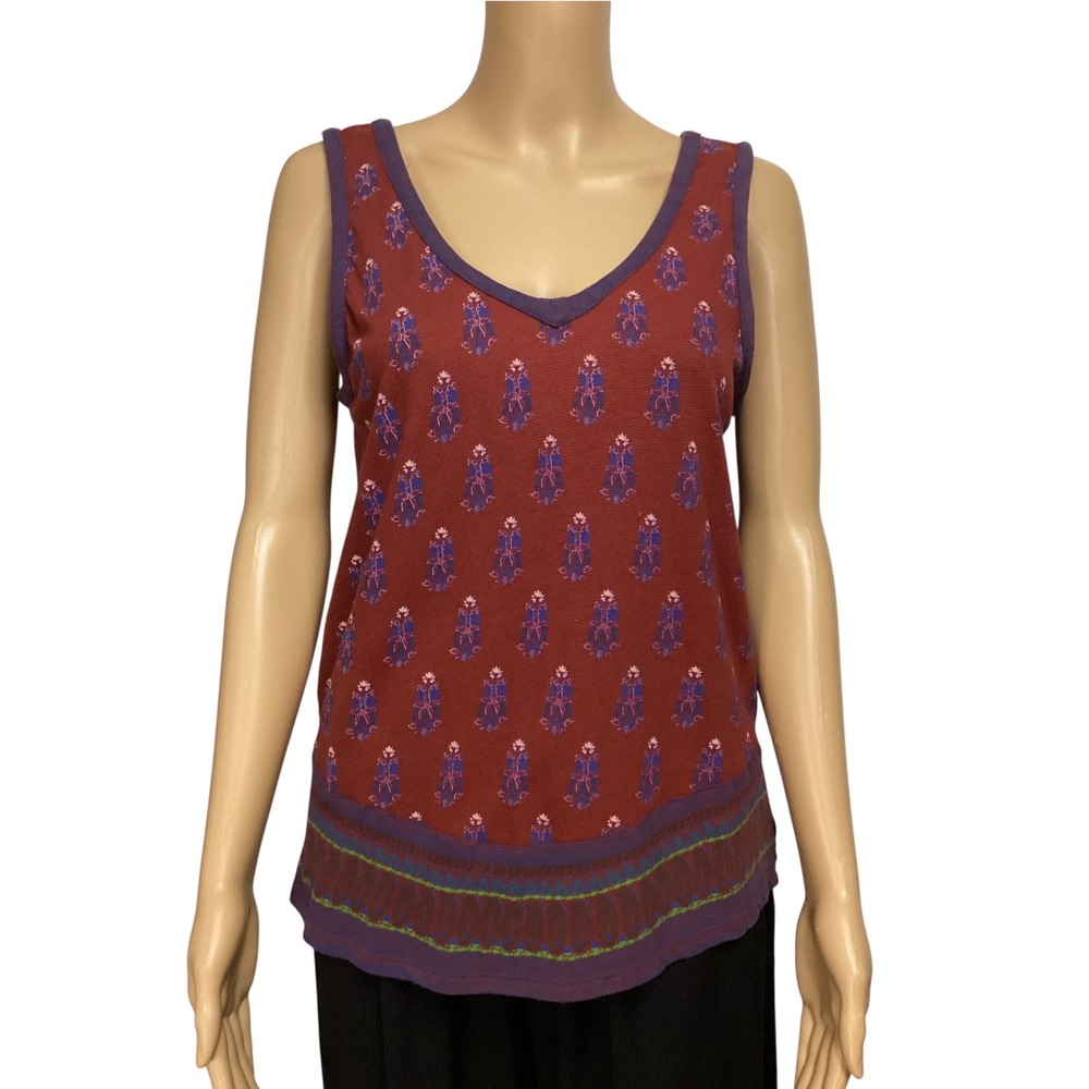 Sundance Women Small Red Purple Floral Tassel V-Neck Tank Top Cotton Linen Blend